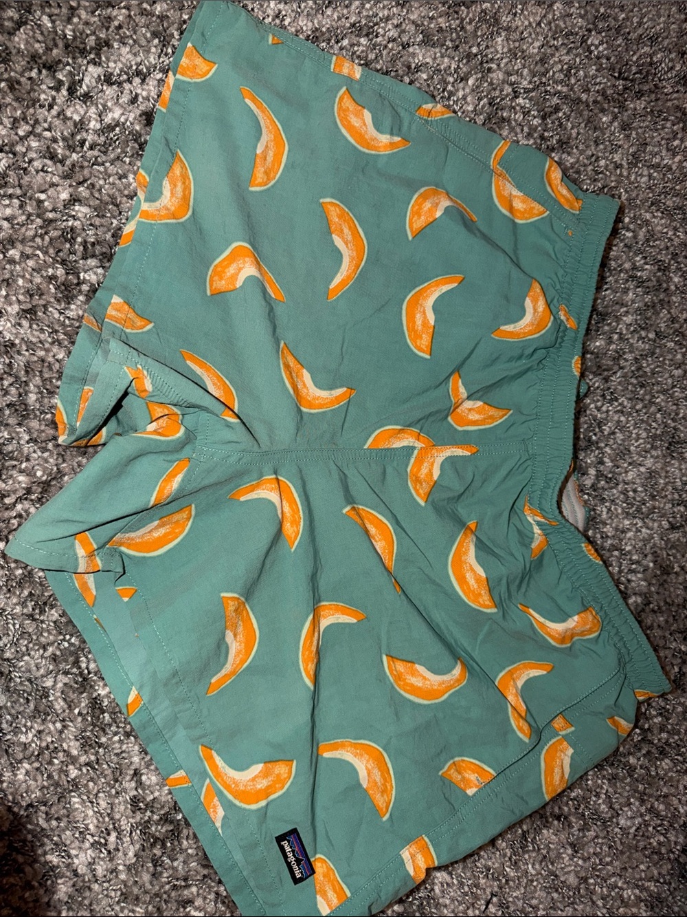 Patagonia Teal Shorts with Orange Banana Print
